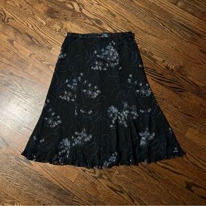 Vintage Sag Harbor Black A-Line Sheer Layered Midi Skirt with Blue Floral Print